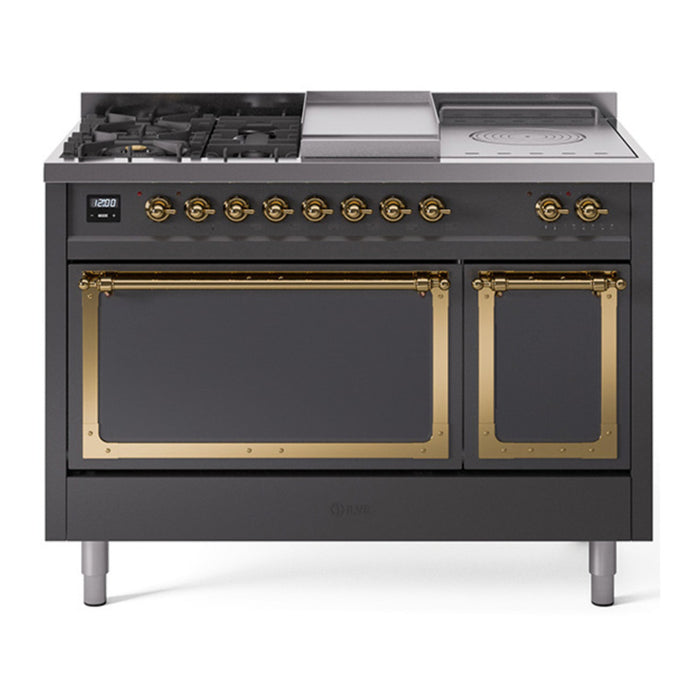 ILVE Nostalgie II Noblesse 48" Dual Fuel Freestanding Range 5 Sealed Burners + Griddle + French Top with Solid Door - UN48FSQNMP