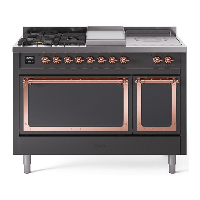 ILVE Nostalgie II Noblesse 48" Dual Fuel Freestanding Range 5 Sealed Burners + Griddle + French Top with Solid Door - UN48FSQNMP