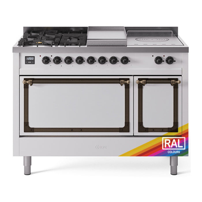 ILVE Nostalgie II Noblesse 48" Dual Fuel Freestanding Range 5 Sealed Burners + Griddle + French Top with Solid Door - UN48FSQNMP