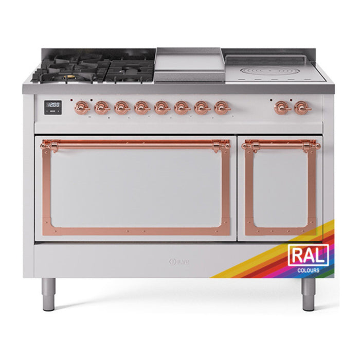 ILVE Nostalgie II Noblesse 48" Dual Fuel Freestanding Range 5 Sealed Burners + Griddle + French Top with Solid Door - UN48FSQNMP