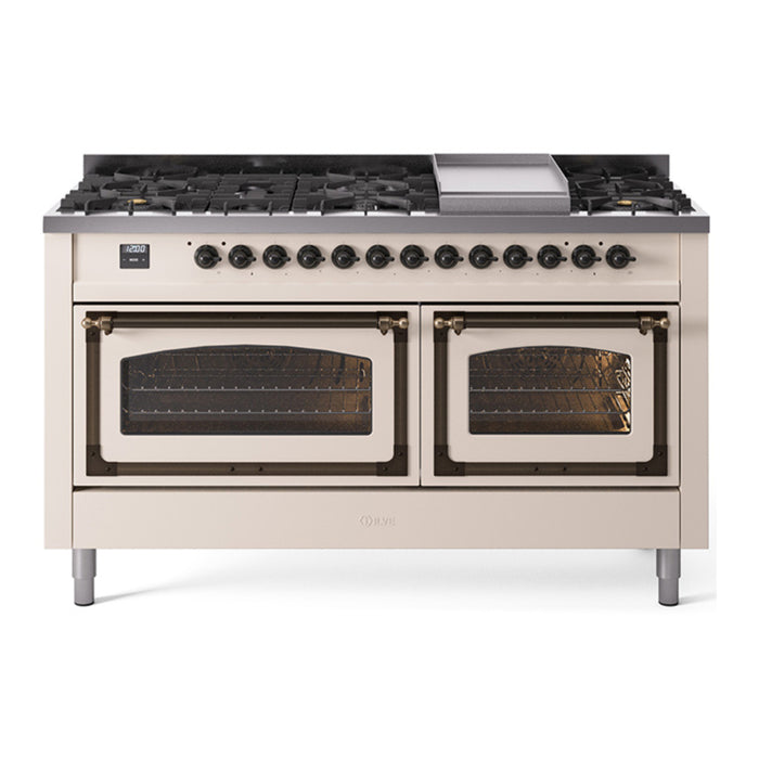 ILVE Nostalgie II Noblesse 60" Dual Fuel Freestanding Range with 9 Sealed Burners + Griddle with Triple Glass Door - UN60FNMP