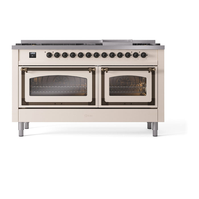 ILVE Nostalgie II Noblesse 60" Dual Fuel Freestanding Range with 9 Sealed Burners + Griddle with Triple Glass Door - UN60FNMP