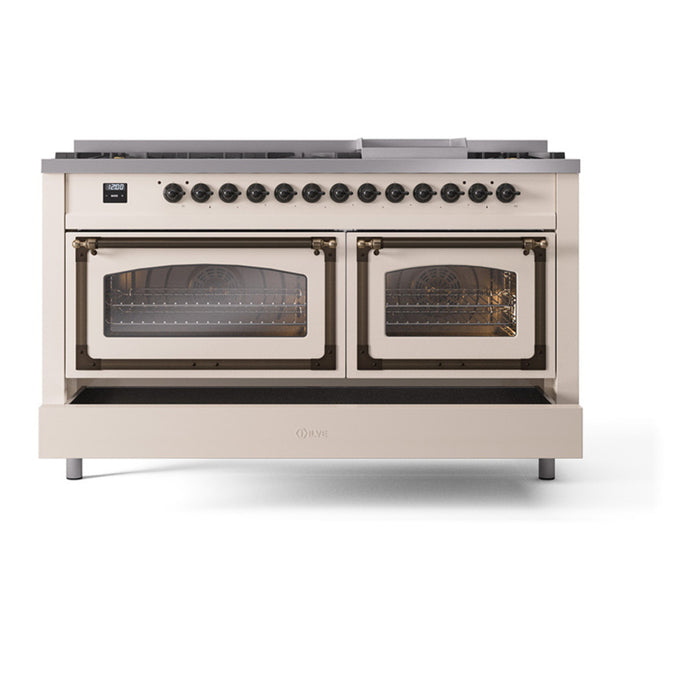 ILVE Nostalgie II Noblesse 60" Dual Fuel Freestanding Range with 9 Sealed Burners + Griddle with Triple Glass Door - UN60FNMP