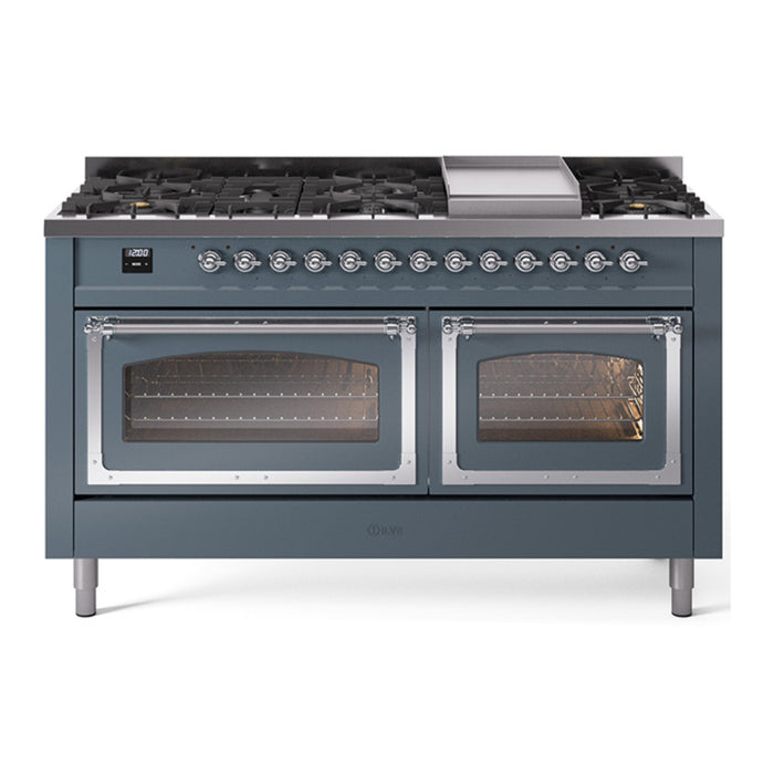 ILVE Nostalgie II Noblesse 60" Dual Fuel Freestanding Range with 9 Sealed Burners + Griddle with Triple Glass Door - UN60FNMP