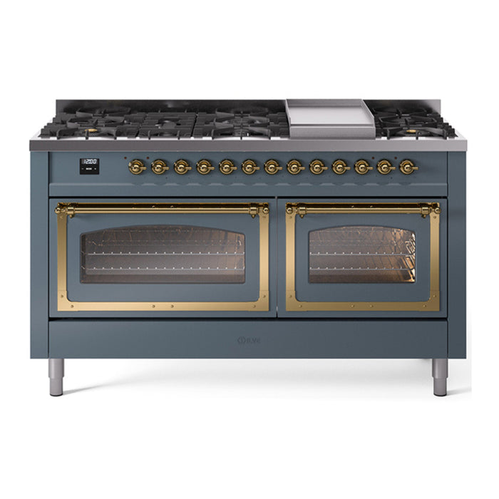 ILVE Nostalgie II Noblesse 60" Dual Fuel Freestanding Range with 9 Sealed Burners + Griddle with Triple Glass Door - UN60FNMP