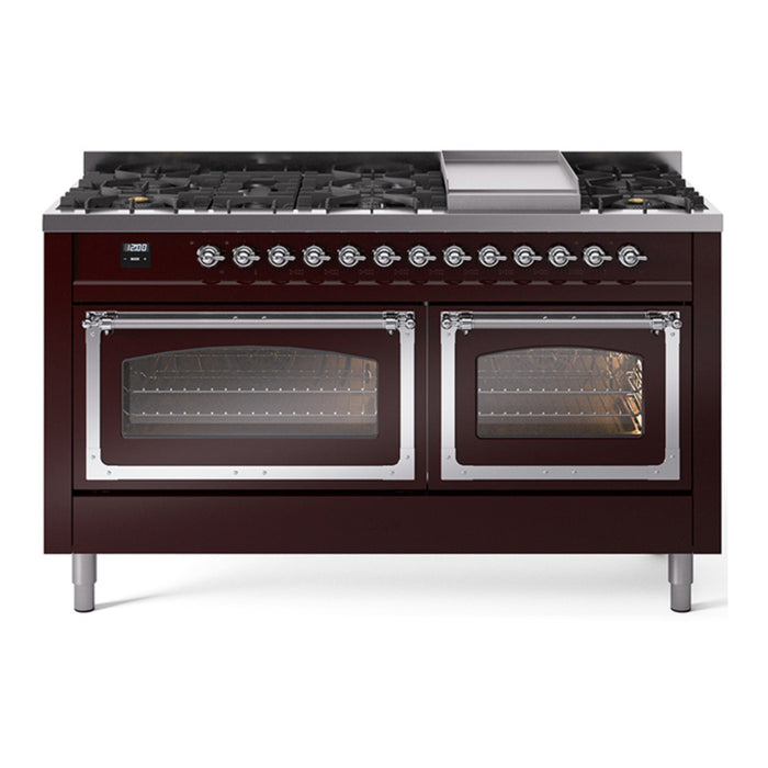ILVE Nostalgie II Noblesse 60" Dual Fuel Freestanding Range with 9 Sealed Burners + Griddle with Triple Glass Door - UN60FNMP