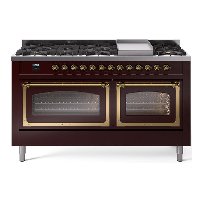 ILVE Nostalgie II Noblesse 60" Dual Fuel Freestanding Range with 9 Sealed Burners + Griddle with Triple Glass Door - UN60FNMP