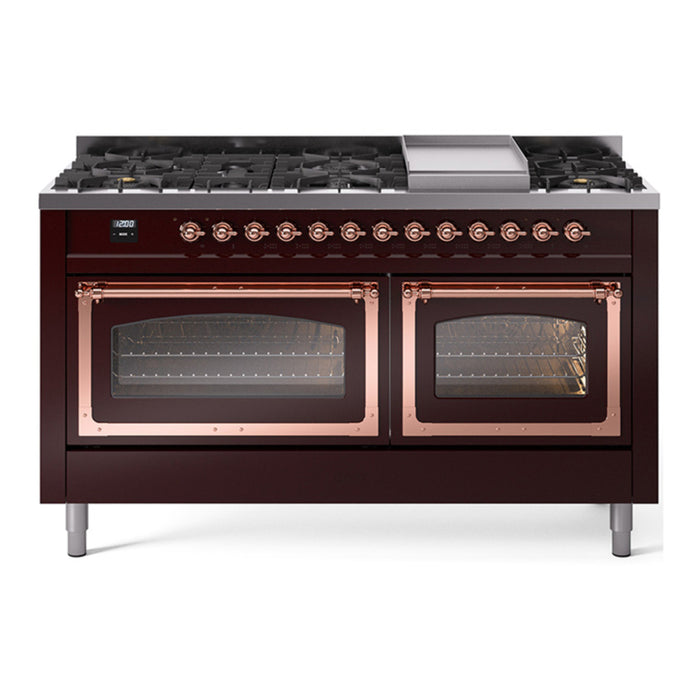 ILVE Nostalgie II Noblesse 60" Dual Fuel Freestanding Range with 9 Sealed Burners + Griddle with Triple Glass Door - UN60FNMP