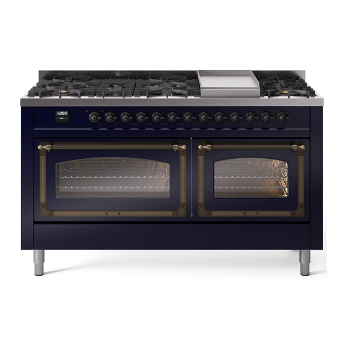 ILVE Nostalgie II Noblesse 60" Dual Fuel Freestanding Range with 9 Sealed Burners + Griddle with Triple Glass Door - UN60FNMP