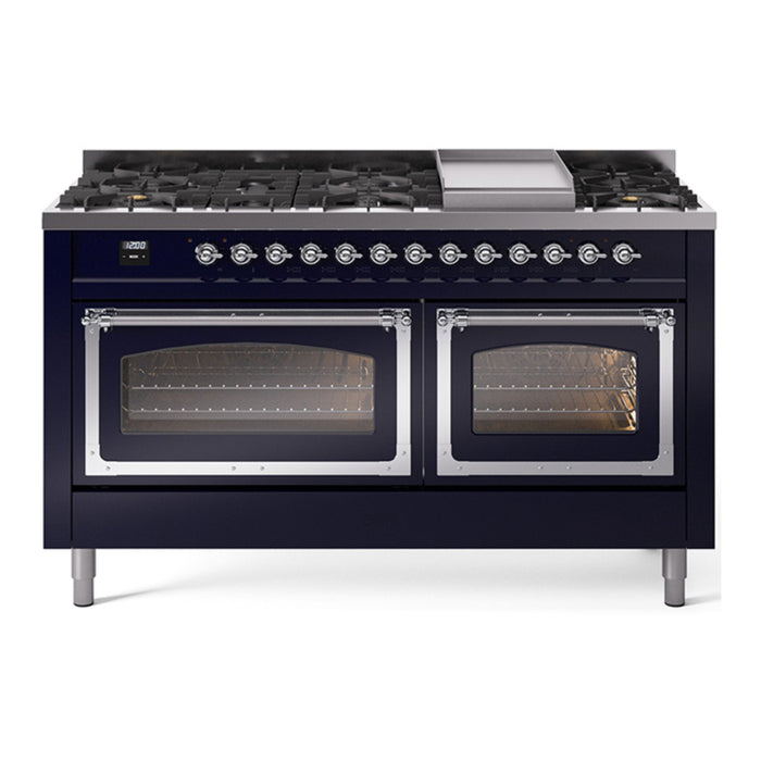 ILVE Nostalgie II Noblesse 60" Dual Fuel Freestanding Range with 9 Sealed Burners + Griddle with Triple Glass Door - UN60FNMP