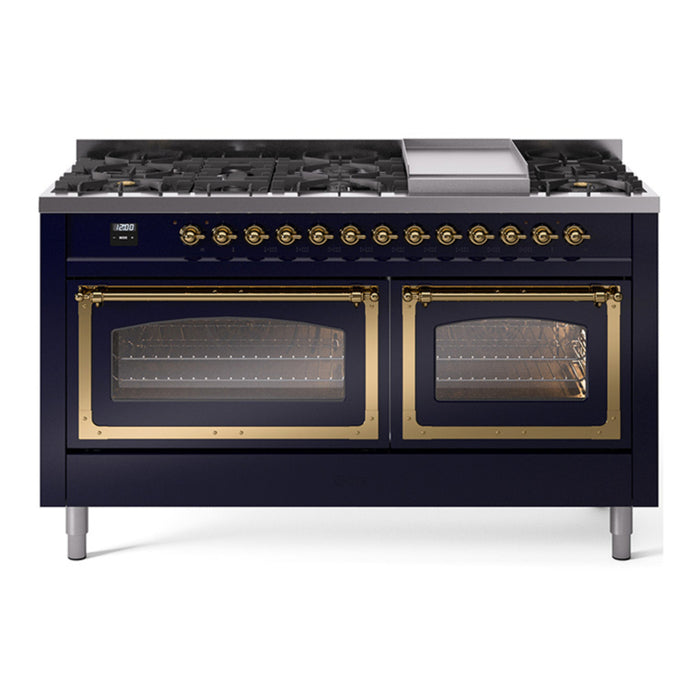 ILVE Nostalgie II Noblesse 60" Dual Fuel Freestanding Range with 9 Sealed Burners + Griddle with Triple Glass Door - UN60FNMP