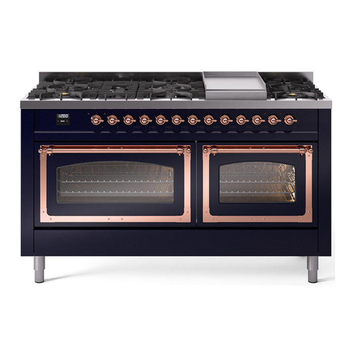 ILVE Nostalgie II Noblesse 60" Dual Fuel Freestanding Range with 9 Sealed Burners + Griddle with Triple Glass Door - UN60FNMP