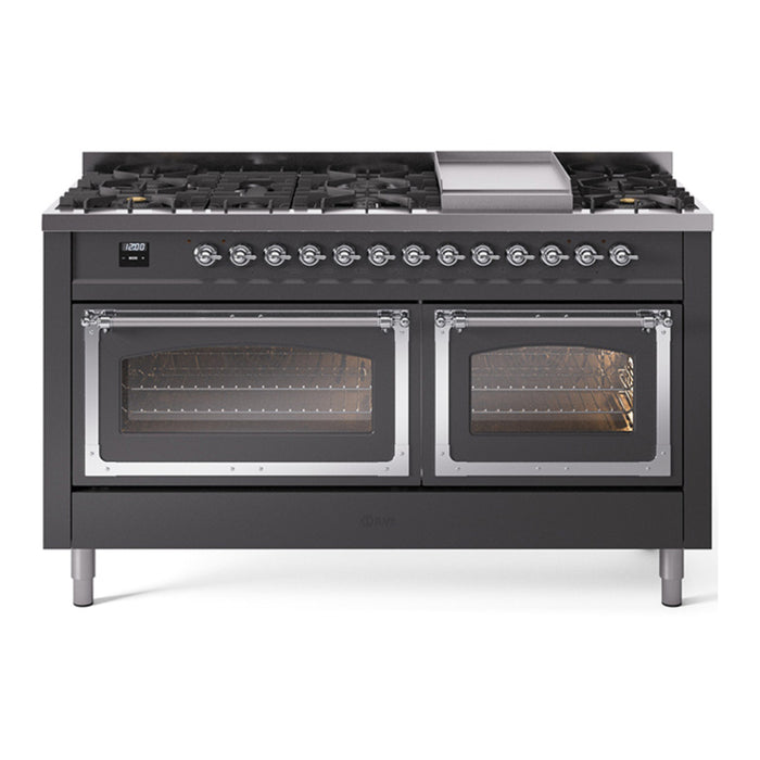 ILVE Nostalgie II Noblesse 60" Dual Fuel Freestanding Range with 9 Sealed Burners + Griddle with Triple Glass Door - UN60FNMP