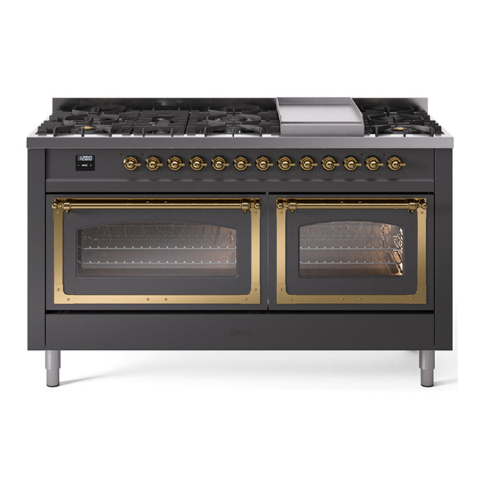 ILVE Nostalgie II Noblesse 60" Dual Fuel Freestanding Range with 9 Sealed Burners + Griddle with Triple Glass Door - UN60FNMP