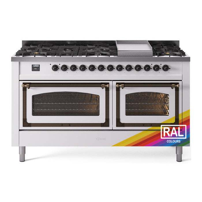ILVE Nostalgie II Noblesse 60" Dual Fuel Freestanding Range with 9 Sealed Burners + Griddle with Triple Glass Door - UN60FNMP