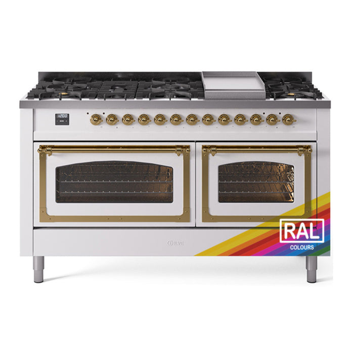 ILVE Nostalgie II Noblesse 60" Dual Fuel Freestanding Range with 9 Sealed Burners + Griddle with Triple Glass Door - UN60FNMP