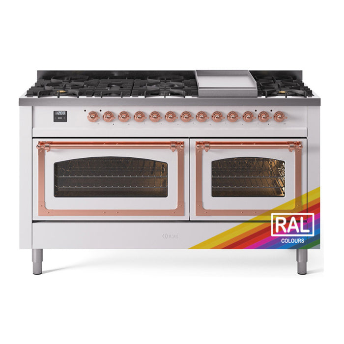 ILVE Nostalgie II Noblesse 60" Dual Fuel Freestanding Range with 9 Sealed Burners + Griddle with Triple Glass Door - UN60FNMP