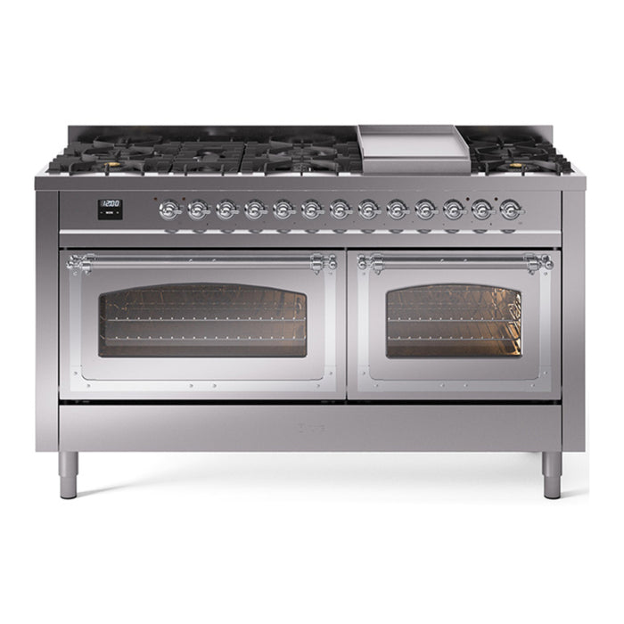 ILVE Nostalgie II Noblesse 60" Dual Fuel Freestanding Range with 9 Sealed Burners + Griddle with Triple Glass Door - UN60FNMP