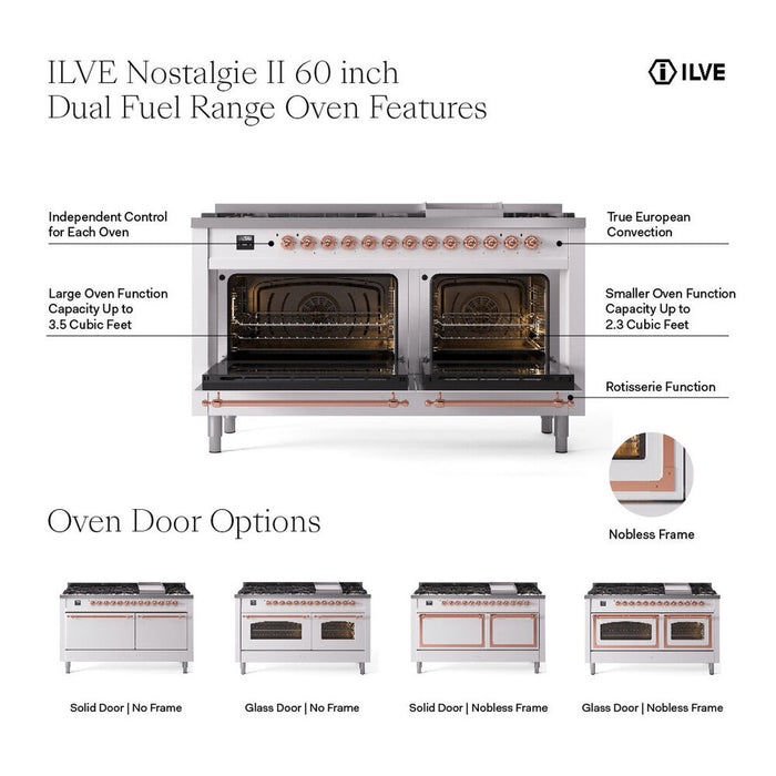 ILVE Nostalgie II Noblesse 60″ Dual Fuel Freestanding Range 9 Sealed Burners + Griddle with Solid Door - UN60FQNMP