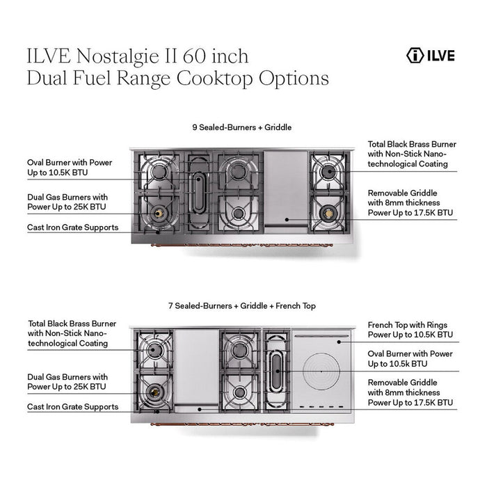 ILVE Nostalgie II Noblesse 60″ Dual Fuel Freestanding Range 9 Sealed Burners + Griddle with Solid Door - UN60FQNMP