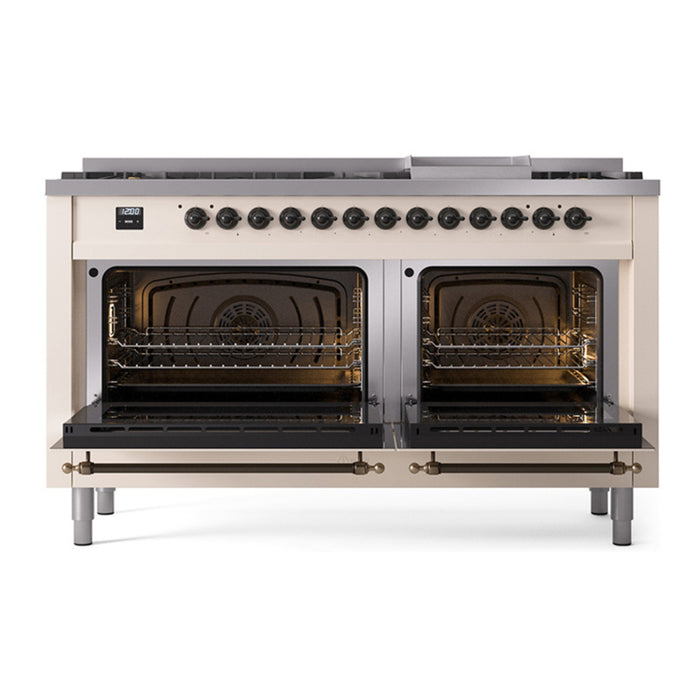 ILVE Nostalgie II Noblesse 60″ Dual Fuel Freestanding Range 9 Sealed Burners + Griddle with Solid Door - UN60FQNMP