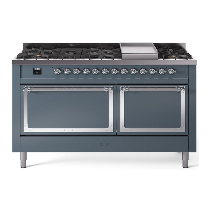 ILVE Nostalgie II Noblesse 60″ Dual Fuel Freestanding Range 9 Sealed Burners + Griddle with Solid Door - UN60FQNMP