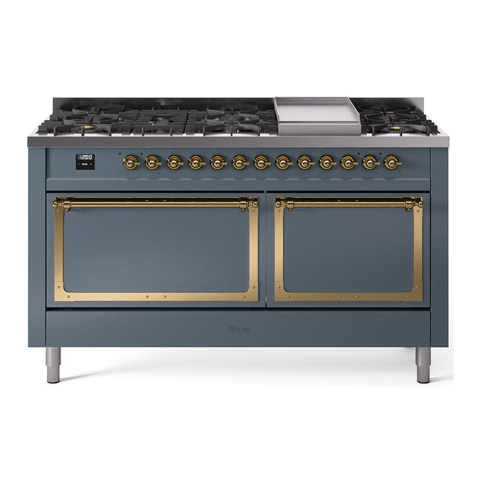 ILVE Nostalgie II Noblesse 60″ Dual Fuel Freestanding Range 9 Sealed Burners + Griddle with Solid Door - UN60FQNMP
