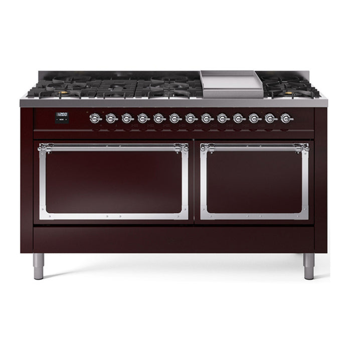 ILVE Nostalgie II Noblesse 60″ Dual Fuel Freestanding Range 9 Sealed Burners + Griddle with Solid Door - UN60FQNMP