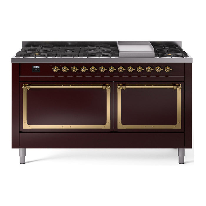 ILVE Nostalgie II Noblesse 60″ Dual Fuel Freestanding Range 9 Sealed Burners + Griddle with Solid Door - UN60FQNMP