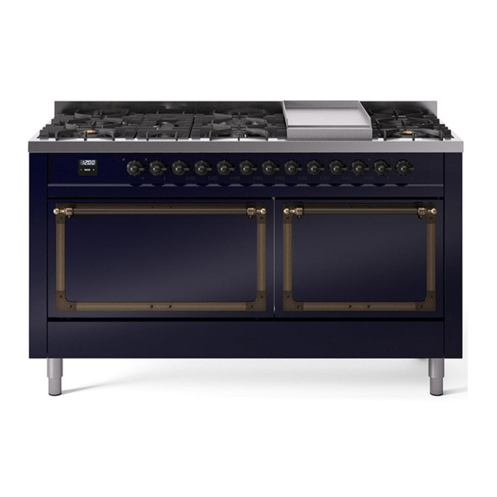 ILVE Nostalgie II Noblesse 60″ Dual Fuel Freestanding Range 9 Sealed Burners + Griddle with Solid Door - UN60FQNMP