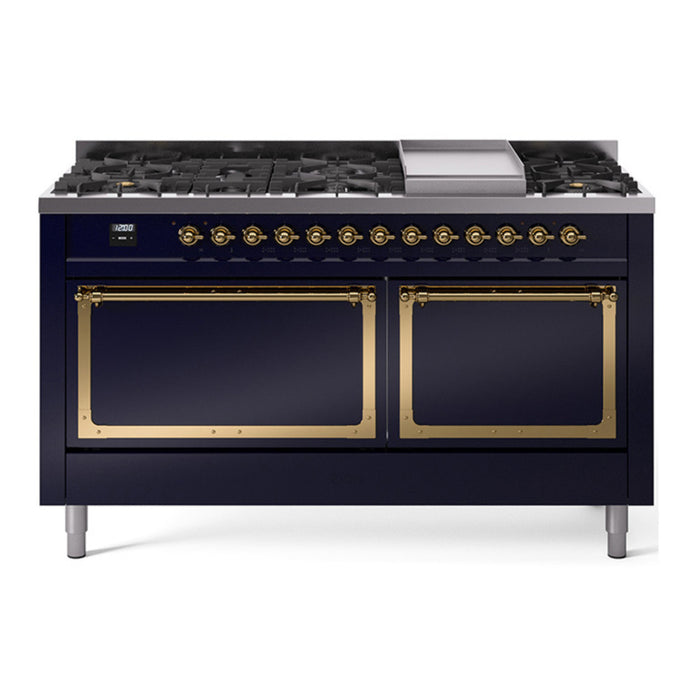 ILVE Nostalgie II Noblesse 60″ Dual Fuel Freestanding Range 9 Sealed Burners + Griddle with Solid Door - UN60FQNMP