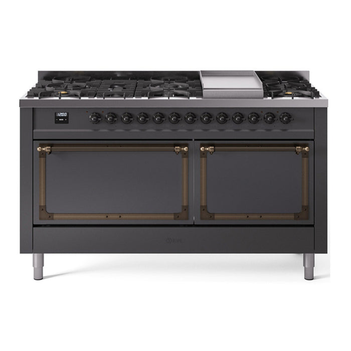 ILVE Nostalgie II Noblesse 60″ Dual Fuel Freestanding Range 9 Sealed Burners + Griddle with Solid Door - UN60FQNMP