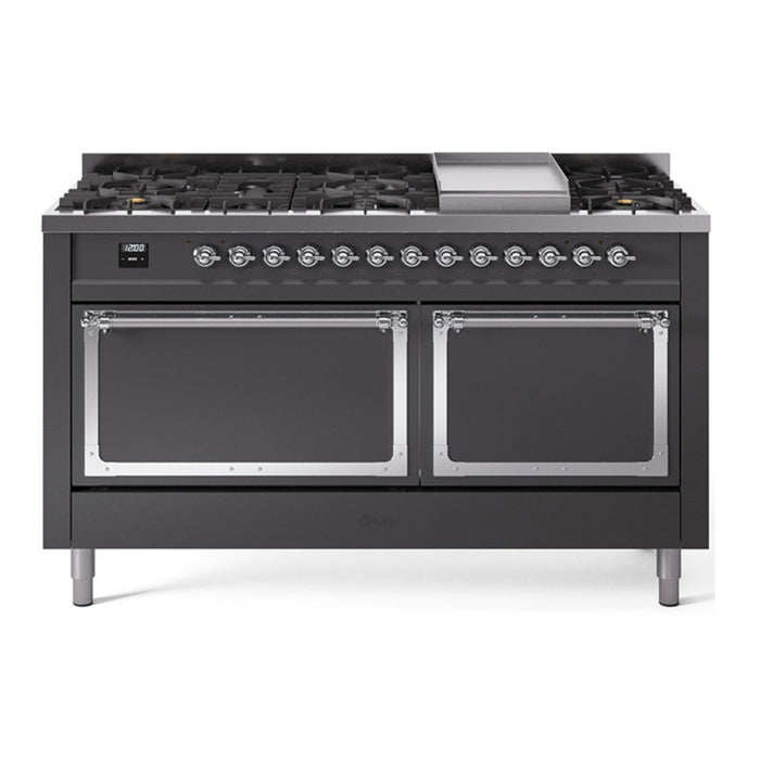 ILVE Nostalgie II Noblesse 60″ Dual Fuel Freestanding Range 9 Sealed Burners + Griddle with Solid Door - UN60FQNMP