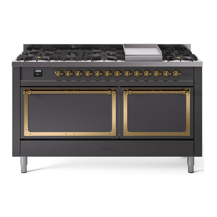 ILVE Nostalgie II Noblesse 60″ Dual Fuel Freestanding Range 9 Sealed Burners + Griddle with Solid Door - UN60FQNMP