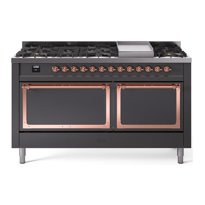 ILVE Nostalgie II Noblesse 60″ Dual Fuel Freestanding Range 9 Sealed Burners + Griddle with Solid Door - UN60FQNMP