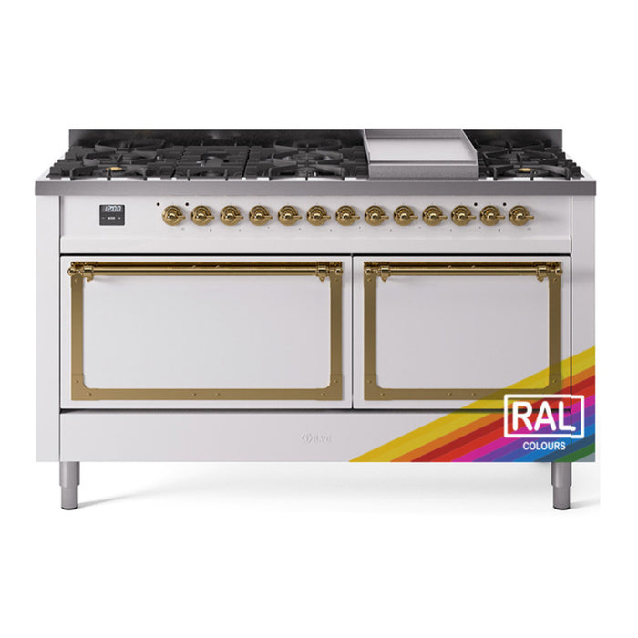 ILVE Nostalgie II Noblesse 60″ Dual Fuel Freestanding Range 9 Sealed Burners + Griddle with Solid Door - UN60FQNMP