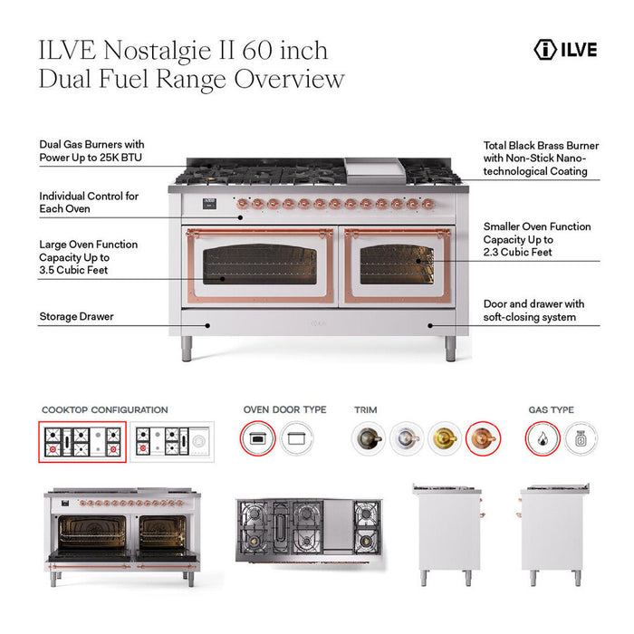 ILVE Nostalgie II Noblesse 60" Dual Fuel Range with 7 Sealed Burners + Griddle + French Top with Triple Glass Door - UN60FSNMP