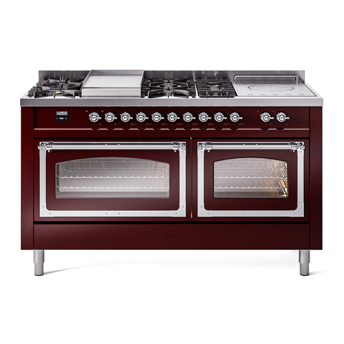 ILVE Nostalgie II Noblesse 60" Dual Fuel Range with 7 Sealed Burners + Griddle + French Top with Triple Glass Door - UN60FSNMP