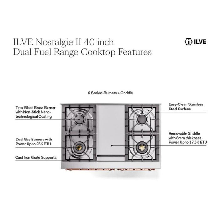 ILVE Nostalgie II Noblesse 40" Dual Fuel Freestanding Range with 9 Sealed Burners + Griddle Triple Glass Door - UND40FNMP