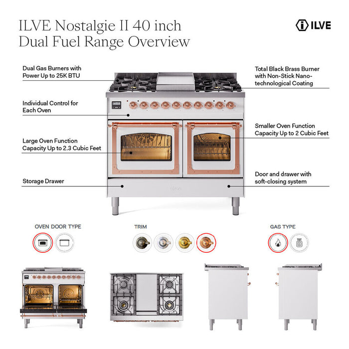 ILVE Nostalgie II Noblesse 40″ Dual Fuel Freestanding Range 6 Sealed Burners + Griddle with Solid Door - UND40FQNMP