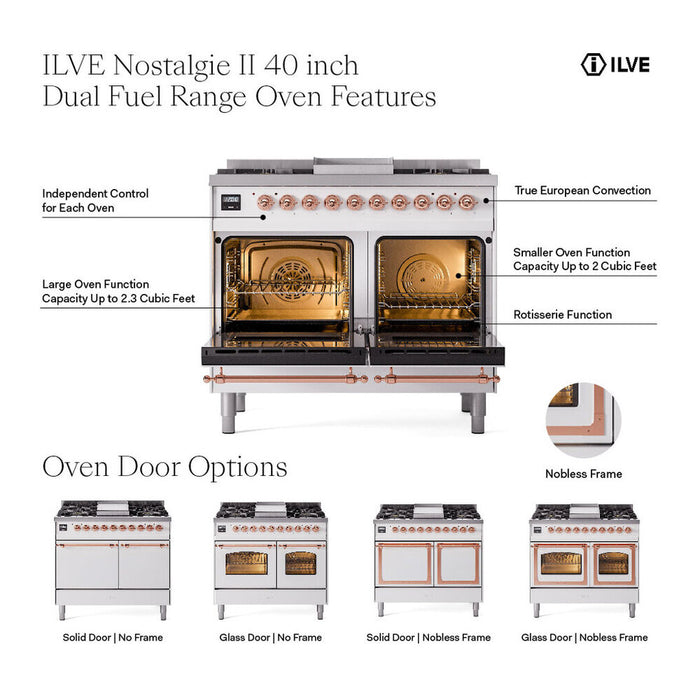 ILVE Nostalgie II Noblesse 40″ Dual Fuel Freestanding Range 6 Sealed Burners + Griddle with Solid Door - UND40FQNMP