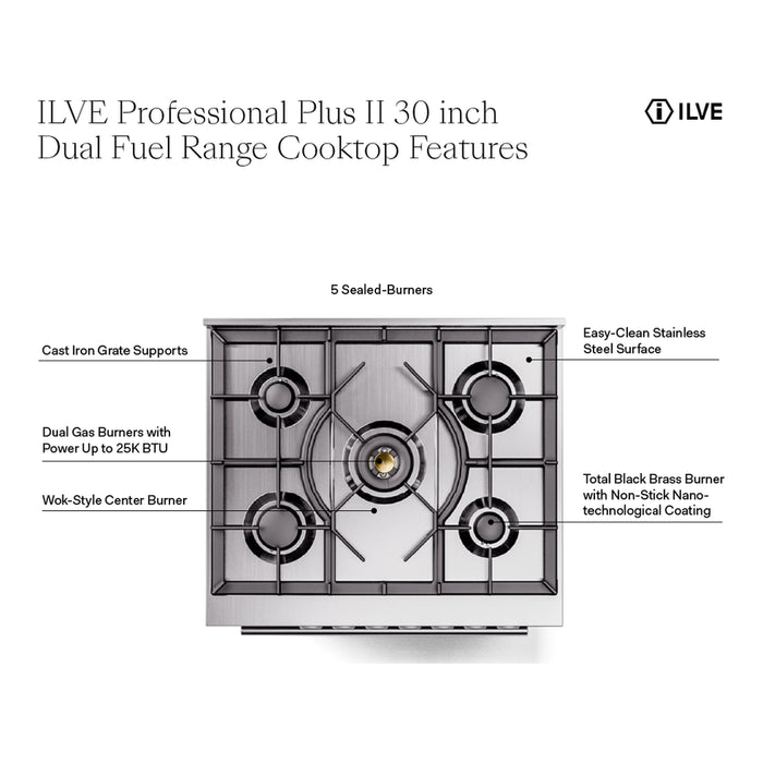 ILVE Professional Plus II 30″ Dual Fuel Range with Solid Door - UP30QMP