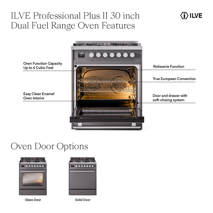 ILVE Professional Plus II 30-Inch Freestanding Dual Fuel Range with 5 Sealed Burner - UP30WMP