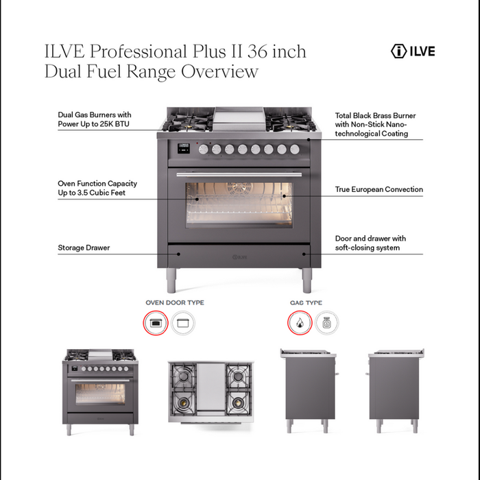 ILVE Professional Plus II 36" Dual Fuel Range 6 Sealed Burners with Solid Door - UP36FQMP