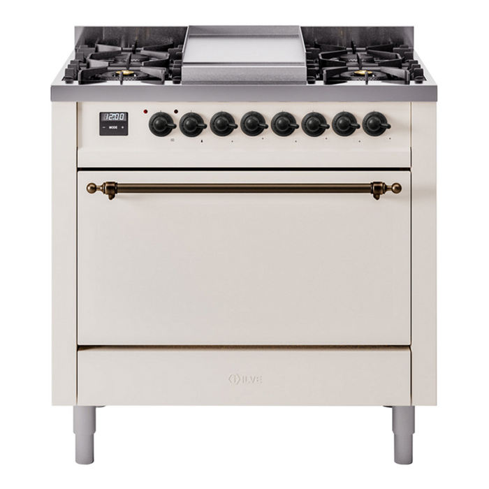 ILVE Nostalgie II 36" Dual Fuel Range with 6 Sealed Burners + Griddle Solid Door - UP36FQNMP