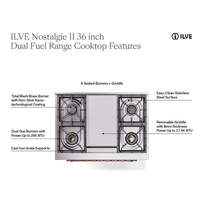 ILVE Nostalgie II 36" Dual Fuel Range with 6 Sealed Burners + Griddle Solid Door - UP36FQNMP