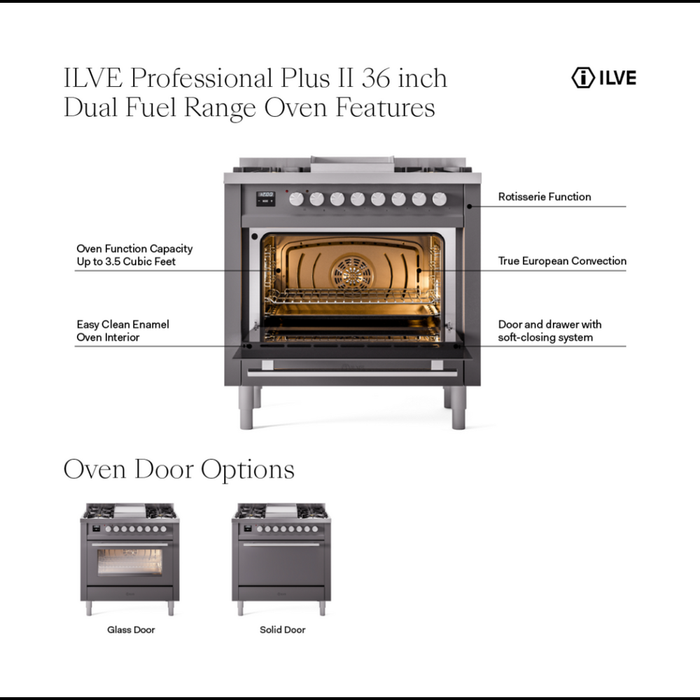ILVE Professional Plus II 36-Inch Freestanding Dual Fuel Range with 6 Sealed Burner - UP36FWMP