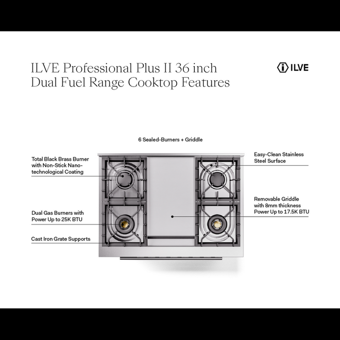 ILVE Professional Plus II 36-Inch Freestanding Dual Fuel Range with 6 Sealed Burner - UP36FWMP
