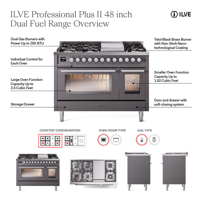ILVE Professional Plus II 48" Dual Fuel Range 8 Sealed Burners with Solid Door - UP48FQMP