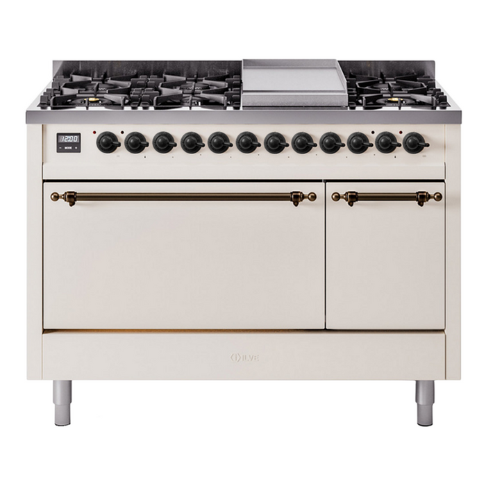 ILVE Nostalgie II 48" Dual Fuel Range with 8 Sealed Burners + Griddle Solid Door - UP48FQNMP